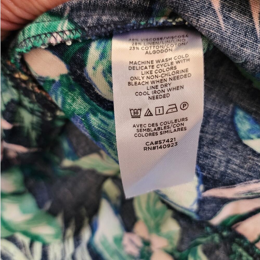 LOFT Women's Large Blue Floral Leaf Print V-Neck Dress Tropical Hawaiian - Picture 6 of 8